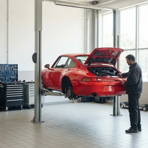 A used Porsche 911 being inspected by a mechanic before a private sale in Mumbai