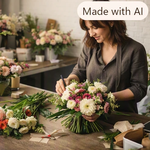Florist preparing customized bouquets with different flowers, colors, and presentation styles for customers