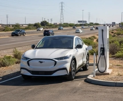 Electric vehicle using a public charging network station during a road trip stop