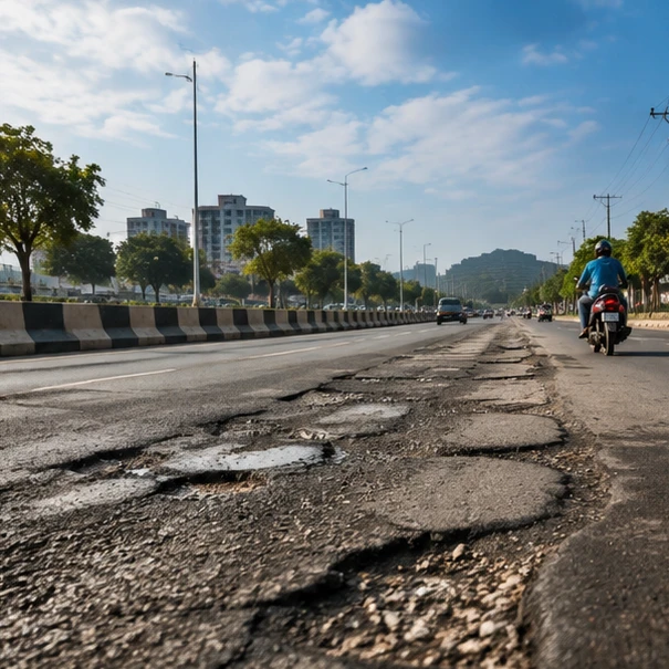 A close-up of a mixed road surface in Pune, showing both paved and unpaved sections