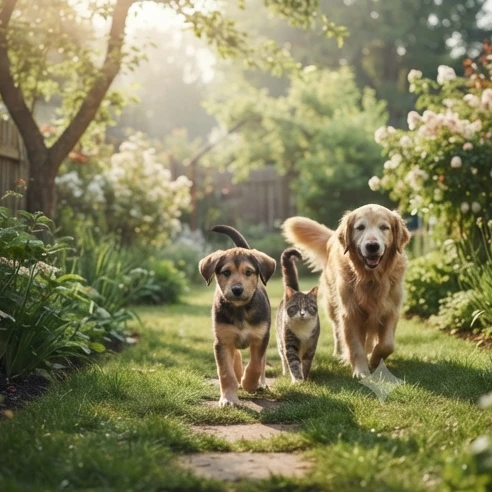 Curious puppy exploring safely with animal friends during a gentle adventure story about learning kindness and teamwork