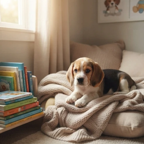 Gentle puppy character in a peaceful home setting representing a bedtime story about a puppy with a calm emotional journey