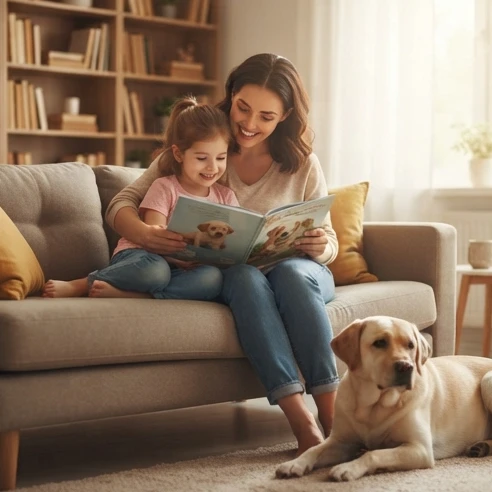 Parent reading a puppy bedtime story with a child while choosing an age-appropriate story length and theme