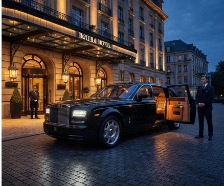 A luxurious black Rolls-Royce Phantom parked outside a grand hotel entrance with a professional chauffeur holding the door open