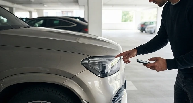Driver inspecting rental car exterior for scratches and documenting vehicle condition