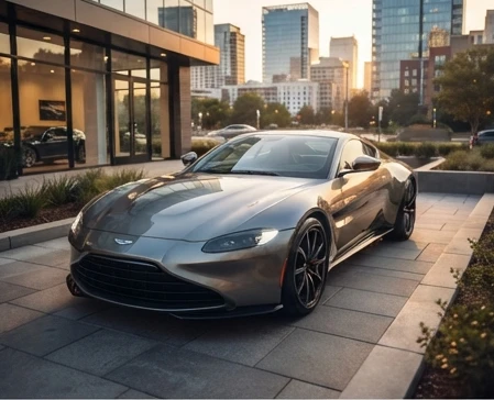 Luxury sports car parked outside a rental showroom, ready for a rental luxury cars near me search