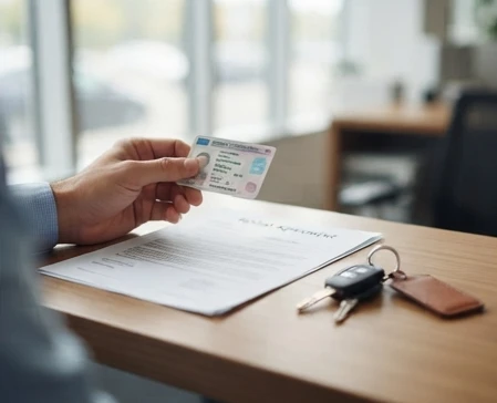 Renter reviewing a driver's license and rental documents before picking up a luxury vehicle