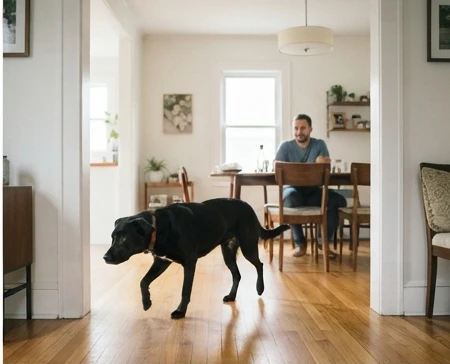 Rescue dog adjusting through early adoption stages with routines, rest, and family interaction in a home setting