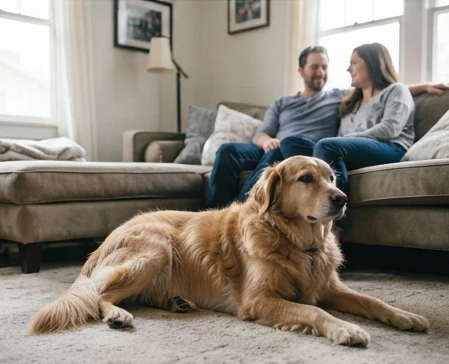 Rescue dog showing relaxed behavior while following household routines after adoption and adjustment