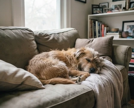 Rescue dog sleeping comfortably on a couch in a new home after adoption with a calm relaxed posture