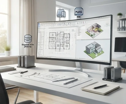 Desktop workstation concept showing Revit 2025 installation planning with storage capacity considerations and BIM workflow needs