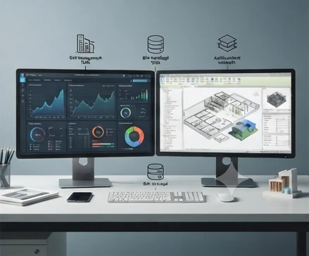 Workstation concept comparing small Revit models and larger BIM coordination workflows with different storage needs