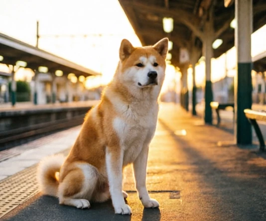 Loyal Akita dog resting at a train station platform, the hero of the Richard Gere Akita film