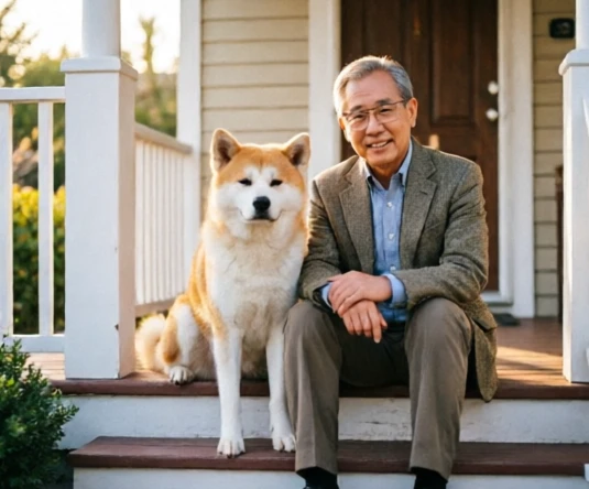 Professor Parker Wilson sitting with his Akita companion in a scene from the Richard Gere Akita film