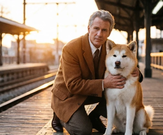 Richard Gere as Professor Parker Wilson with loyal Akita dog Hachi in Hachi: A Dog's Tale