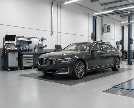 Luxury sedan ownership planning with service documents and premium vehicle care setting