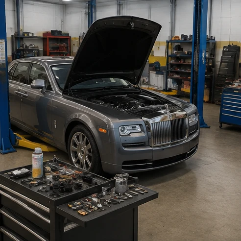 Rolls-Royce Phantom maintenance preparation with service equipment and luxury sedan ownership considerations