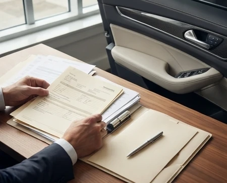 Luxury car service documentation and inspection checklist beside a premium vehicle interior