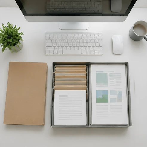 Desktop computer setup representing saved template files stored in an organized personal folder