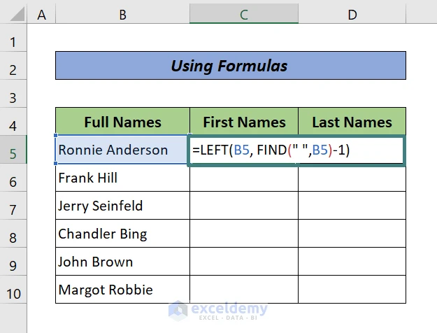 A spreadsheet with full names in one column and separated first and last names in adjacent columns
