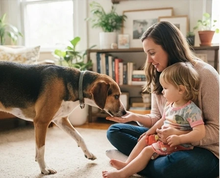Shelter dog slowly approaching family members after adoption while building confidence and trust at home
