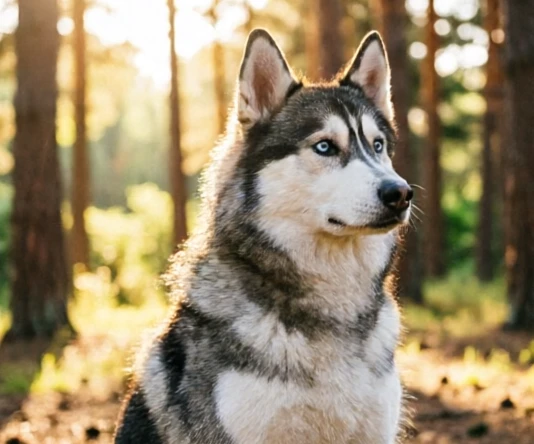A majestic Siberian Husky mixed with German Shepherd standing alert in a natural outdoor setting