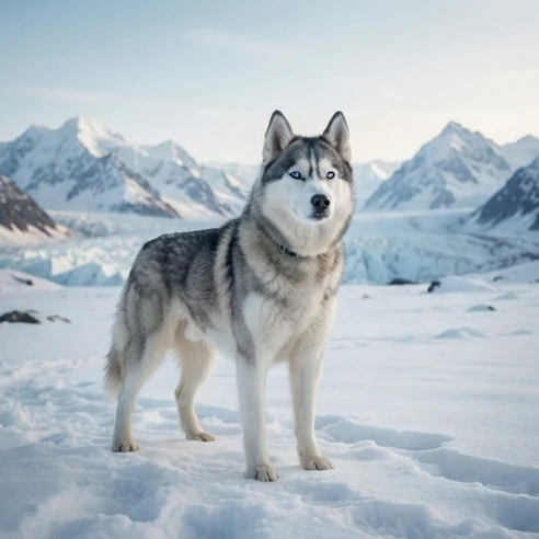 A loyal husky sled dog standing proudly in a snowy Arctic landscape with dramatic mountains under a clear blue sky