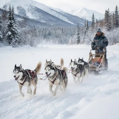 A team of huskies pulling a sled across a vast frozen snowfield in a winter wonderland