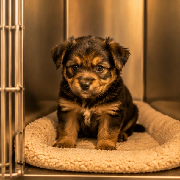 A small puppy looking thoughtfully out from a secure rescue enclosure, capturing a tender and vulnerable moment