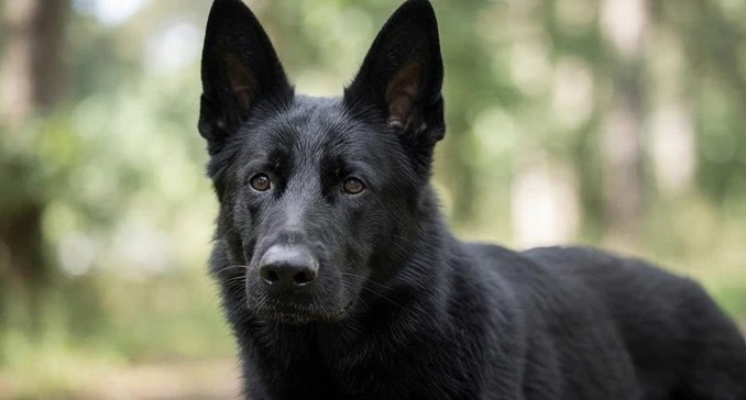 Solid black German Shepherd with upright ears, long muzzle, muscular frame, and dense dark double coat visible