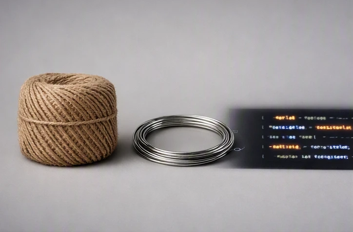 A diverse visual representation of the word string showing a physical cord a musical instrument string and programming text characters on a clean surface