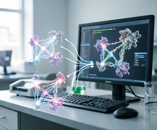 Bioinformatics researcher concept showing integrated evidence sources behind STRING protein networks