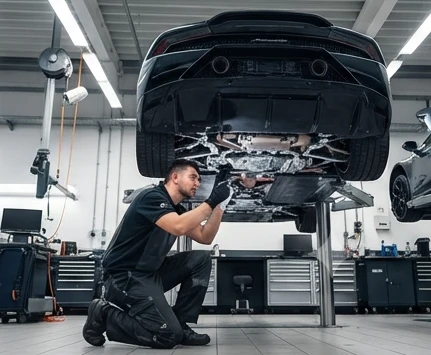Mechanic inspecting the low chassis of a supercar on a lift in a Mumbai garage