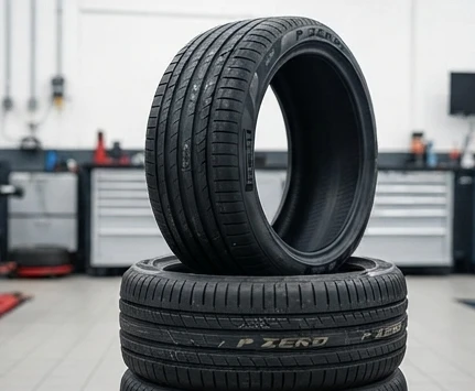 New Pirelli P Zero tires for a supercar, stacked in a Mumbai service center workshop