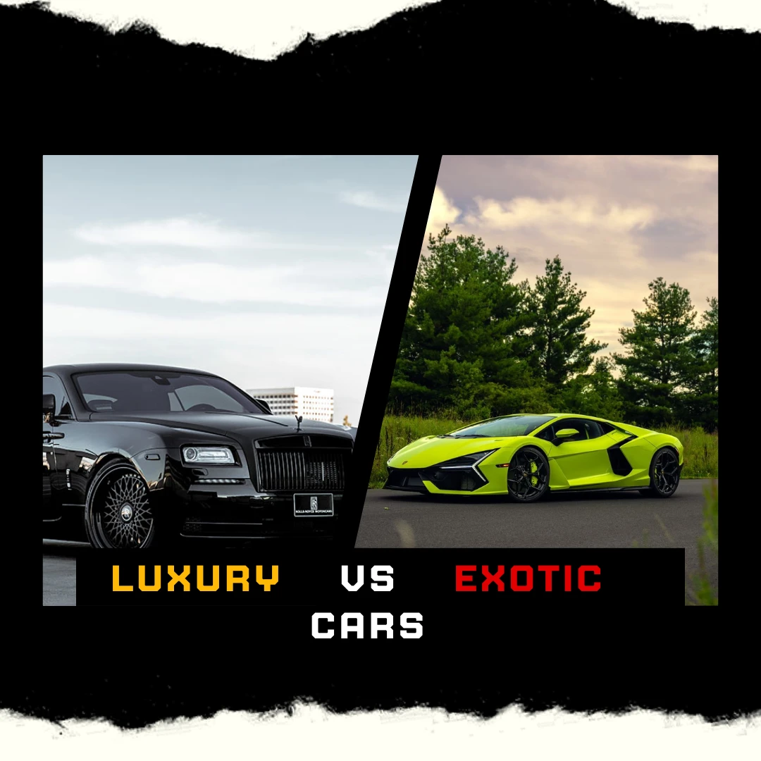 A striking supercar parked beside a polished luxury sedan illustrating exotic car rental trade-offs