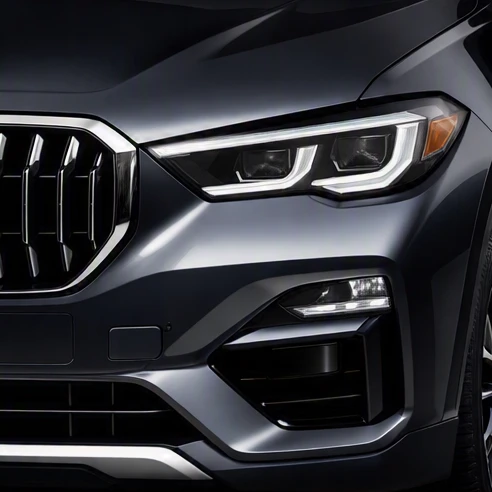 Close-up of a modern luxury SUV front grille showing integrated radar sensors and safety camera technology