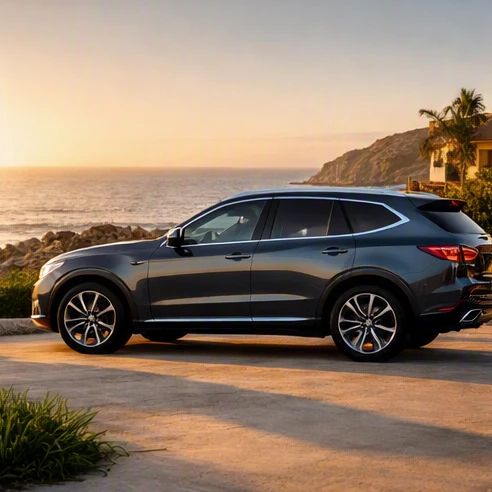Sleek modern luxury SUV parked in a scenic coastal driveway during golden hour, representing peak automotive engineering