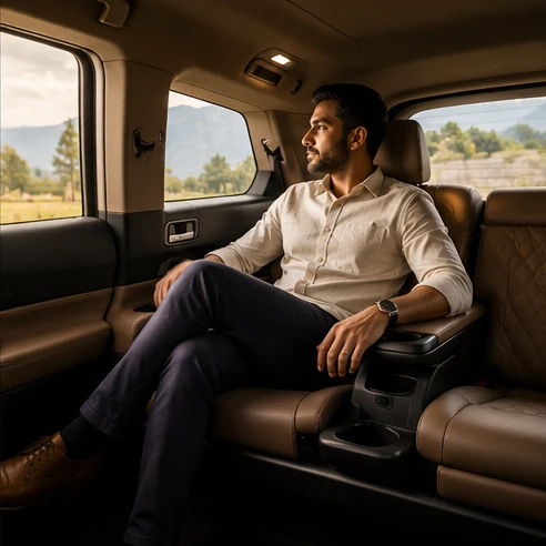 Adult passenger comfortably seated in the third row of a full-size luxury SUV with adequate legroom