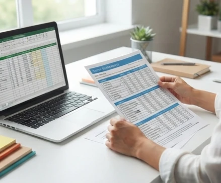 Teacher reviewing Excel learning resources with classroom-focused spreadsheet materials and planning notes