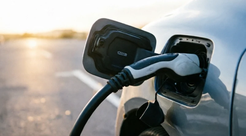 Electric vehicle charging stall showing fast charger and connector equipment at a public station