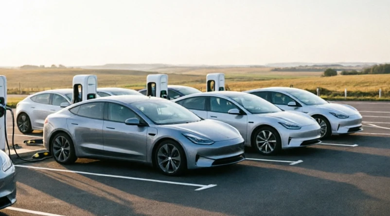 Tesla charging stations near me with modern electric vehicles connected at a fast charging hub