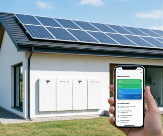 Modern minimalist home with solar panels and Tesla Powerwall battery unit on the wall, sleek smartphone displaying energy app in foreground, bright natural daylight, editorial clean tech photography style