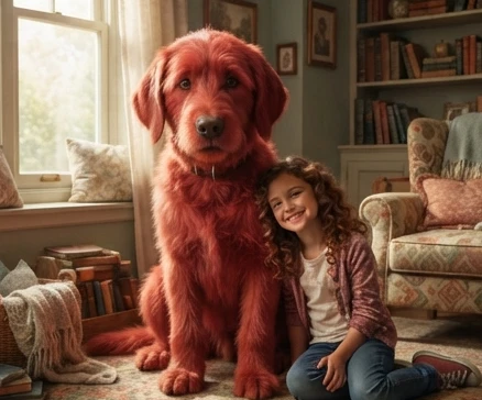 The story of Clifford the Big Red Dog shown through a gentle giant red dog and child friendship concept