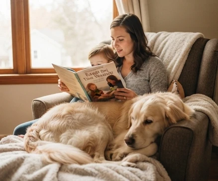 Three stories you can read to your dog with a relaxed pet owner sharing a gentle storytime routine in a cozy home setting