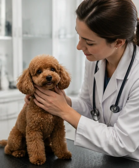 Toy Poodle breeding consultation with veterinarian examining health and timing information