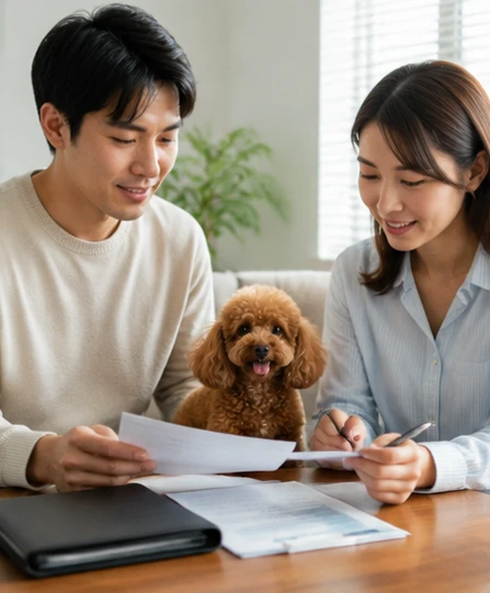 Toy Poodle breeder reviewing stud service details with a small companion dog nearby