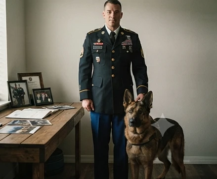 Handler and military working dog photographed alongside archival-style service records suggesting a true story basis