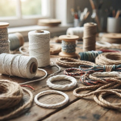 Different types of physical string made from fibers for packaging crafting and utility tasks