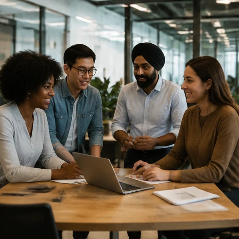 International workplace scene showing regional differences in office slang and communication habits