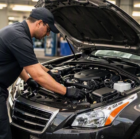 Mechanic inspecting a used Cadillac CTS Premium Luxury for mechanical and interior condition
